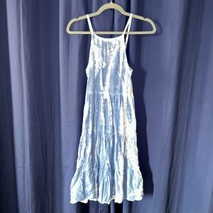 Blue and White Tie Dye Smocked Midi Dress